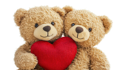 Two teddy bears are holding a red heart on transparent background