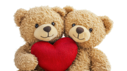 Two teddy bears are holding a red heart on transparent background