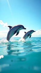 Obraz premium Fun dolphin show in open sea with bright sky and clouds