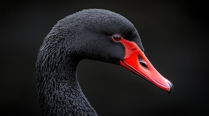 Black swan profile, dark background, wildlife portrait