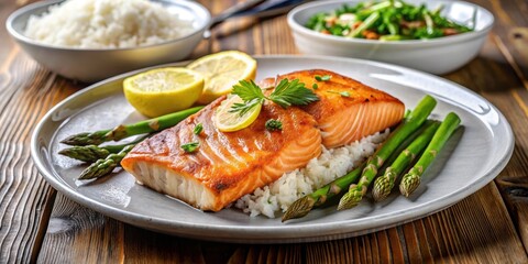 Delicious fried salmon fillet served with rice and asparagus, salmon, fish, fillet, fried, rice, asparagus, healthy, gourmet