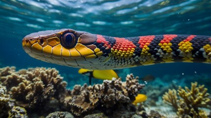 Obraz premium Swift Coral Reef Snake Navigating the Reef, Stirring Ripples and Bubbles