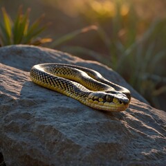 Fototapeta premium Dusk Serenity: Ornate Coralsnake Resting on a Rock, Bathed in Golden Sunset Light