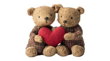Two teddy bears are holding a red heart on transparent background