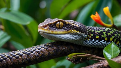 Fototapeta premium Coiled Pit Viper Among Tropical Plants and Blossoms in a Lush Environment
