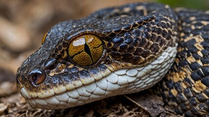 Obraz premium Detailed Close-Up of Pit Viper's Head: Triangular Shape and Heat-Sensing Pits