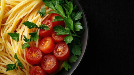 Vibrant closeup of colorful pasta dish with fresh herbs and tomatoes culinary delight gourmet environment appetizing view