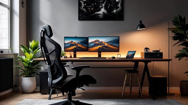 modern home office with a sleek desk, ergonomic chair, multiple monitors, a laptop, and a cozy ambiance for remote working