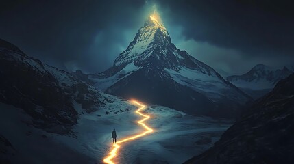 A person is walking down a path in the snow, with a mountain in the background