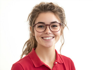 Fototapeta premium Portrait of a Smiling Young Girl Wearing Glasses and a Red Shirt in a Bright, Cheerful Setting
