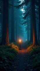 Naklejka premium Gloomy forest path illuminated by a lone candle, trees, wilderness, light