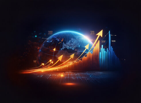 Global economic growth visualized,  upward trending arrows surrounding a glowing Earth.  Symbolizing prosperity and progress for the 2025 Chinese New Year fairs.