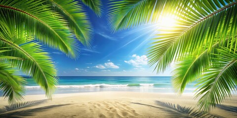 Obraz premium Tropical palm leaves on a sunny beach , palm tree, tropical, nature, foliage, green, exotic, summer, vacation, paradise