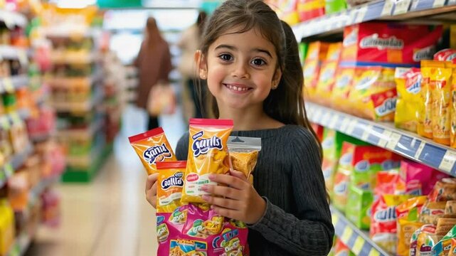 Little girl choosing snacks in supermarket, happy customer holding packed food