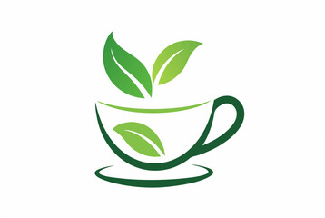A minimalist tea cup and green leaf combination logo design vector art illustration.