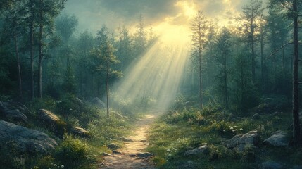 Obraz premium Sunbeams illuminate a mystical forest path winding through lush greenery and rocks.
