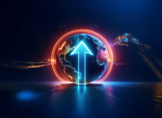 Glowing arrow ascends above a vibrant Earth encircled by neon light, symbolizing global growth and prosperity for the upcoming Chinese New Year Fairs 2025.