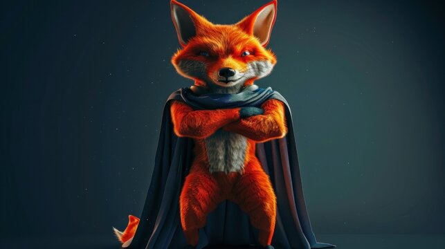 Superhero fox posing against dark blue background, AI generated image