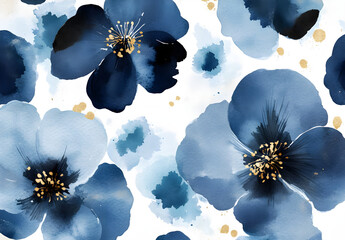 Watercolor blue floral pattern on a white background, detailed. 