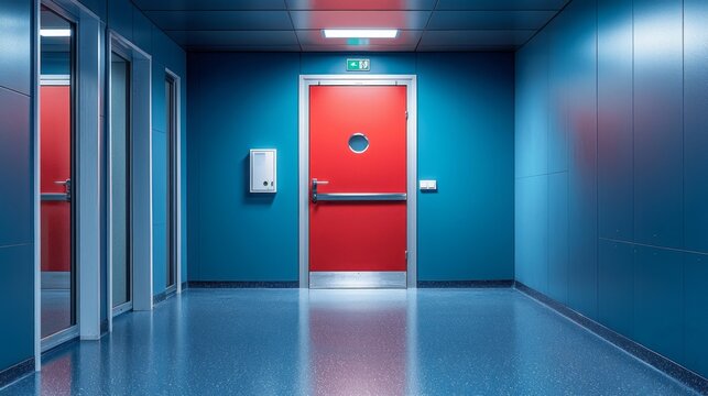 Bright red safety fire door captivates attention in a sleek blue corridor. The contrasting colors create a striking visual, enhancing the modern architectural design and atmosphere