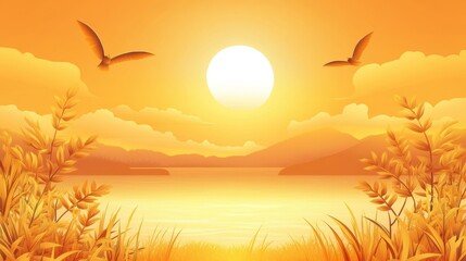 Golden sunset over tranquil lake with silhouettes of birds soaring in the sky and gentle hills in the background creating a serene landscape