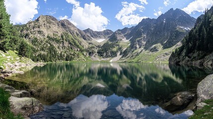 Fototapeta premium Marvelous mountain lake in the Swiss Alps, reflecting the stunning landscape. A panoramic scene of towering mountains and serene waters, offering a peaceful retreat amidst nature's beauty.