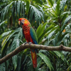 Obraz premium A vibrant parrot perched on a tropical branch, side-view, against a blurred background of lush green foliage.