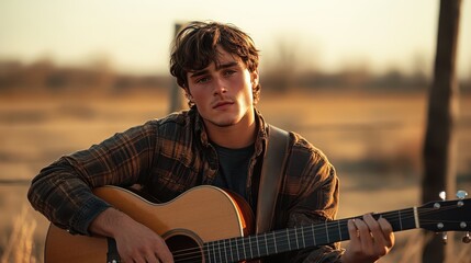 Young American male country singer performing with a guitar during sunset in an outdoor setting highlighting a warm golden atmosphere
