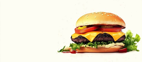 Delicious double cheeseburger with melted cheddar, fresh lettuce, and tomatoes on a clean white background highlighting vibrant colors and textures.