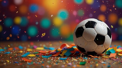Fototapeta premium Soccer Ball, Confetti, Colorful Background