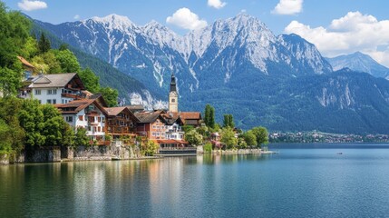 Fototapeta premium Picturesque mountain lake surrounded by Austrian Alps. Stunning scenery offers a breathtaking panoramic view, making it a perfect getaway.