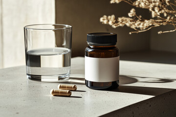 A bottle of matte dark brown supplement jar with a blank white label on the table next to two small beige pills, the jar lid is black metal