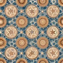 Seamless pattern with stars and circles in beige and blue tones.