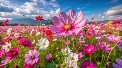 Vibrant cosmos flowers creating a stunning sea of color in an expansive field, cosmos, flowers, vibrant, colorful, field