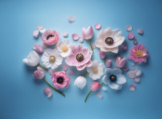Pastel pink and white flowers, including tulips and poppies, artfully arranged against a light blue background.  Petals are scattered, creating a delicate and spring-like scene.