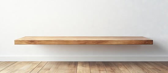 Minimalist wooden shelf on a bright wall with wooden floor, showcasing a natural light ambiance and clean lines for modern interior design.