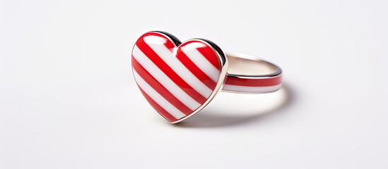 Fototapeta premium Handcrafted red and white striped heart-shaped ring on a sleek silver band against a clean white background showcasing modern jewelry design.