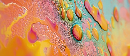 Vibrant multicolored abstract background with orange, pink, and teal hues featuring unique rounded textures and dripping spray paint effects.