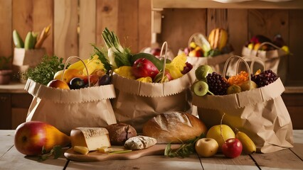 Fresh Farm Produce in Paper Bags- Rustic Still Life of Fruits, Vegetables, Bread, and Cheese