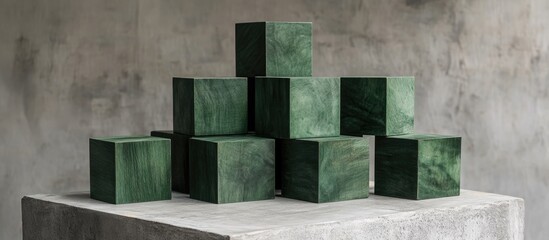 Minimalistic arrangement of green wooden cubes stacked on a textured gray concrete slab highlighting the beauty of simplicity and design.