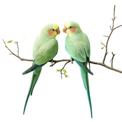 Fototapeta premium Two pastel green lovebirds perched on a branch facing each other