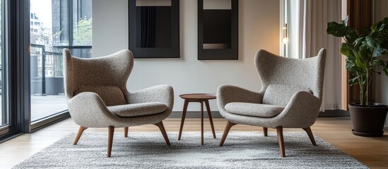 Stylish Scandinavian bedroom featuring two elegant armchairs in light gray and wooden legs positioned symmetrically around a small side table.