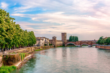 Museo di Castelvecchio and Castel Vecchio (aka Scaliger) Bridge, a medieval fortified bridge that spans river Adige in Verona, Veneto, Italy.