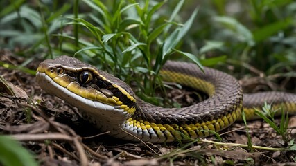 Fototapeta premium Slithering Wagner's Viper Moving Through Thick Underbrush, Creating Ripples in the Leaves