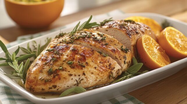 Slow Cooker Turkey Breast with Orange and Herbs Delicious herb-roasted chicken with orange slices on rustic herbs table setting - Powered by Adobe