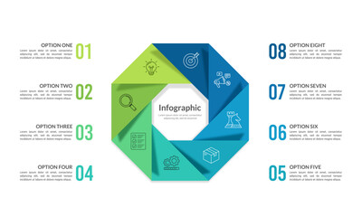 Stackable Hexagon Infographic 8 Options for Success. Banner, Poster, Business Presentation, Report and Plan. Vector illustration.