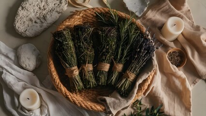 Scenic Herbal Bundles in Rustic Basket Still Life