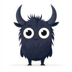 Fototapeta premium Full body shot of a cute and fluffy black character with big eyes and horns, designed in a flat vector style, showcasing an imaginative creature
