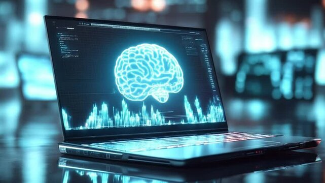 Futuristic laptop with glowing AI brain hologram and dynamic data visualizations. Moving analytics charts and numerical code sequences display advanced artificial intelligence processing