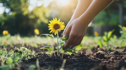 International Sunflower Guerilla Gardening Day Nurturing nature: hands caring for a sunflower in a sunlit garden for summer gardening inspiration